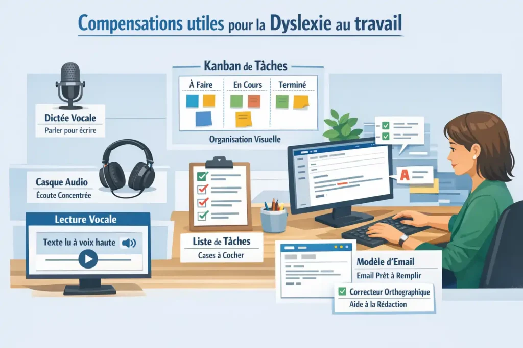 Illustration didactique d’un bureau de travail montrant plusieurs compensations utiles pour la dyslexie au travail, comme la dictée vocale, le casque audio, la lecture vocale, une checklist, un kanban et un modèle d’email.