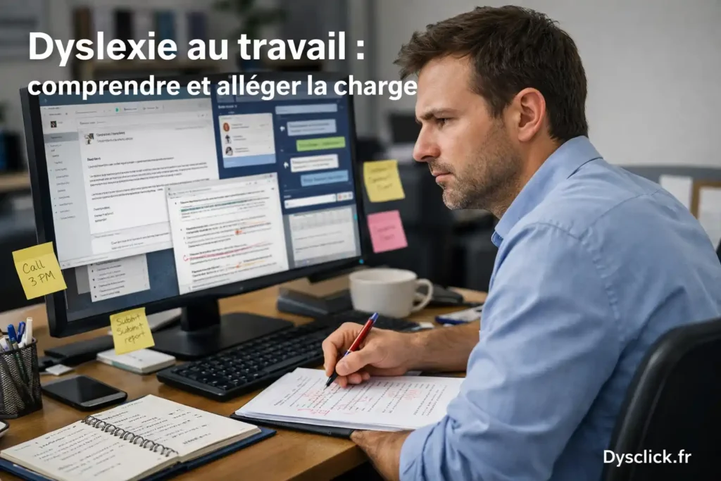 Photo réaliste d’un adulte au travail devant un double écran avec plusieurs informations écrites à gérer en même temps, illustrant la charge cognitive liée à la dyslexie au travail.