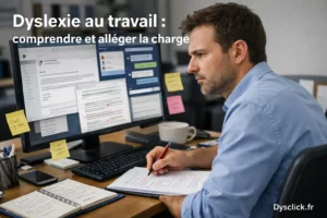 Photo réaliste d’un adulte au travail devant un double écran avec plusieurs informations écrites à gérer en même temps, illustrant la charge cognitive liée à la dyslexie au travail.