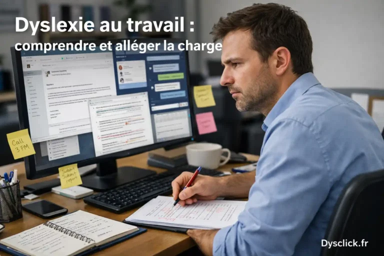 Photo réaliste d’un adulte au travail devant un double écran avec plusieurs informations écrites à gérer en même temps, illustrant la charge cognitive liée à la dyslexie au travail.