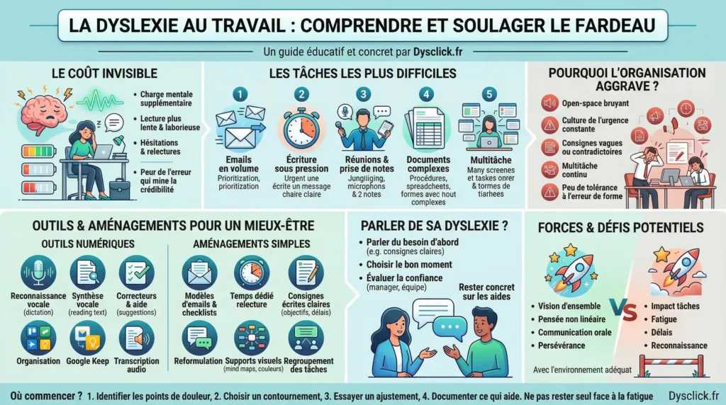 Infographie sur la dyslexie au travail présentant le coût invisible, les tâches difficiles, les facteurs aggravants et plusieurs outils et aménagements utiles.