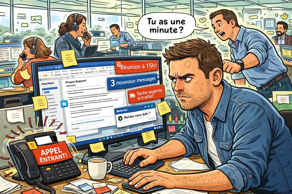 Illustration d’un salarié en open space, concentré devant un écran chargé de mails, messages et alertes, pendant qu’un collègue l’interrompt et qu’un téléphone sonne.