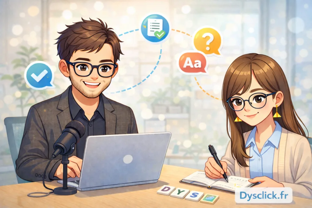 Illustration des fondateurs de Dysclick avec des outils numériques pour DYS et TND