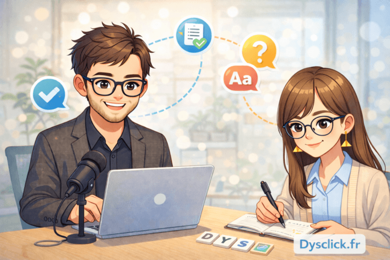 Illustration cartoon semi anime des fondateurs de Dysclick, lui sur un ordinateur portable et elle prenant des notes sur un cahier, avec des icones d outils pour DYS et TND.