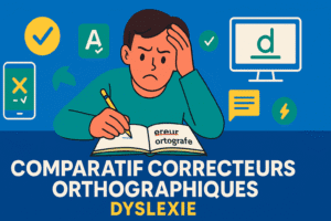 Illustration paysage montrant une personne frustrée écrivant des mots avec fautes dans un carnet, entourée d’icônes de correcteurs orthographiques et d’appareils numériques,