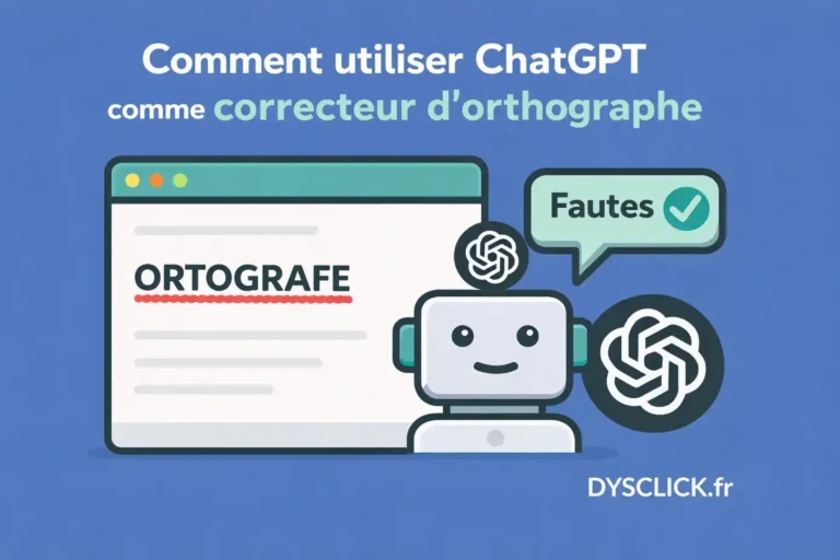 Illustration vectorielle simple montrant comment utiliser ChatGPT comme correcteur d’orthographe, avec une fenêtre affichant le mot mal écrit ORTOGRAFE souligné en rouge, un robot assistant, un logo ChatGPT dans un cercle sombre à côté, une bulle avec le texte Fautes et un grand symbole de validation, sur fond bleu avec la mention DYSCLICK.fr en bas à droite.