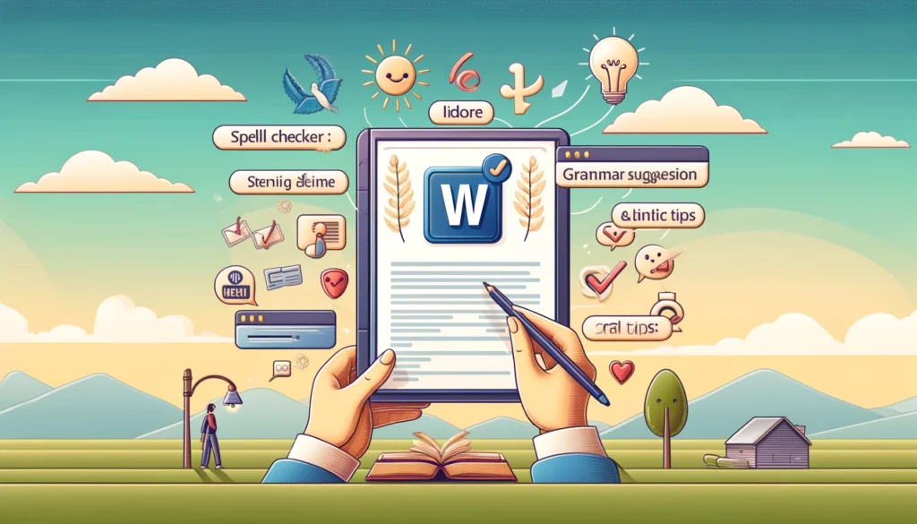 Illustration représentant un utilisateur interagissant avec l'interface de Microsoft Word, soulignée par un grand logo 'W'. L'image met en évidence divers outils comme le correcteur orthographique, les suggestions grammaticales et les conseils de style, avec des signes visuels tels que des coches et des ampoules pour symboliser les idées et les corrections. Le fond affiche un dégradé de couleur doux pour réduire la fatigue visuelle, agrémenté de symboles de livres et de bulles de dialogue pour représenter la communication et l'apprentissage