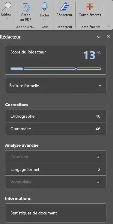 Rédacteur Word détaille Panneau Rédacteur de Word