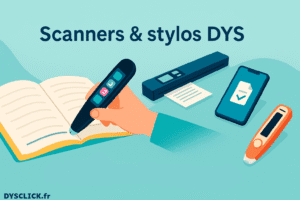 Illustration vectorielle en style plat montrant des scanners portables et stylos numériques pour aider les étudiants DYS, sans texte descriptif additionnel.