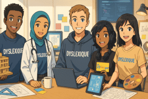 Affiche style manga montrant cinq professionnels dyslexiques (architecte, médecin, entrepreneur, ingénieur, artiste) souriants et fiers, avec le titre en haut « Métiers Dyslexiques » et des accents de couleur #1284CA, #1B8D78 et #FFCD57.