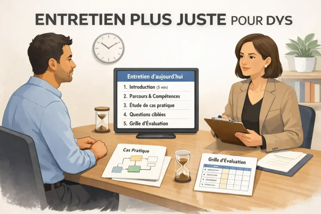 Entretien d’embauche structuré avec déroulé clair, grille d’évaluation et cas pratique pour évaluer les compétences d’un candidat dys