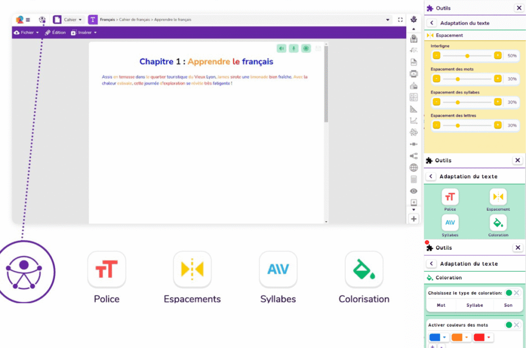 Capture ecran de Cantoo Scribe avec un document scolaire et un panneau doutils daccessibilite pour regler police, espacements, syllabes et colorisation du texte pour les eleves DYS.