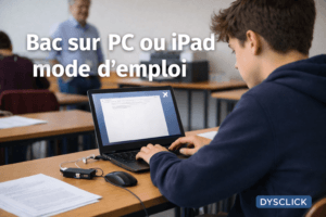 Élève DYS en salle d’examen écrivant au clavier sur PC ou iPad en mode hors connexion, matériel prêt pour imprimer la copie.