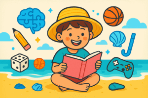 Illustration d’un enfant DYS lisant un livre sur la plage ; autour de lui flottent des icônes ludiques (puzzle-cerveau, crayon, dé, ballon, coquillage, manette) symbolisant l’équilibre entre révisions et détente ; palette bleu #1284CA, vert #1B8D78, jaune #FFCD57 ; large marge vierge sans texte tout autour.