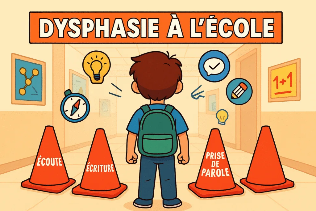 Dysphasie à l’école parcours d’obstacles en classe Illustration d’un élève dysphasique à l’école, vu de dos dans un couloir, faisant face à des plots étiquetés « ÉCOUTE », « ÉCRITURE » et « PRISE DE PAROLE », entouré d’icônes pédagogiques, symbolisant les défis quotidiens de la dysphasie.