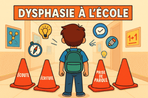 Illustration d’un élève dysphasique à l’école, vu de dos dans un couloir, faisant face à des plots étiquetés « ÉCOUTE », « ÉCRITURE » et « PRISE DE PAROLE », entouré d’icônes pédagogiques, symbolisant les défis quotidiens de la dysphasie.
