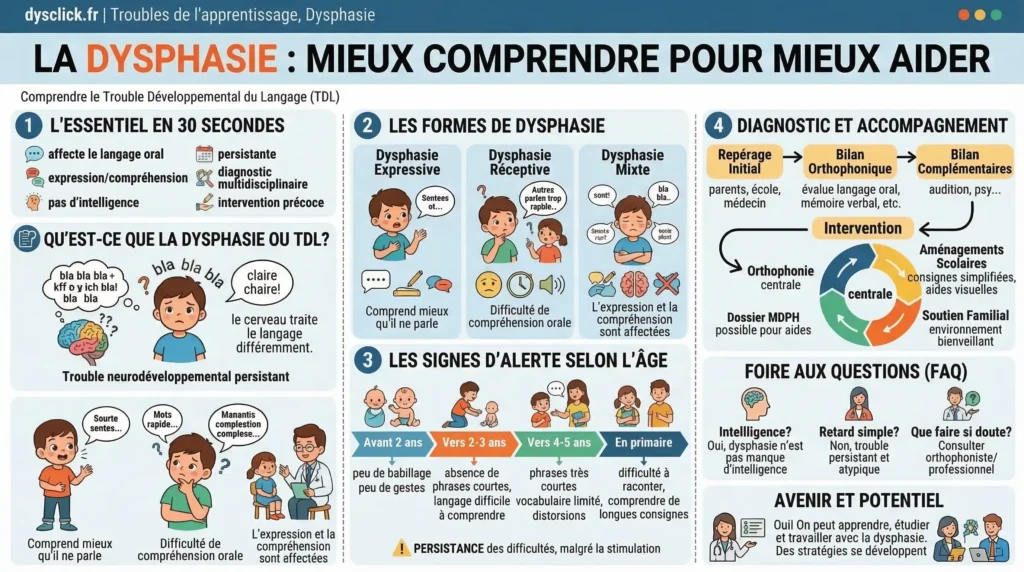 Infographie Dysphasie Infographie récapitulative sur la dysphasie ou trouble développemental du langage : définition, formes, signes d’alerte, diagnostic et accompagnement.