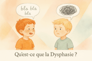 Deux enfants échangent ; la bulle “bla bla bla” de l’un contraste avec le gribouillis confus de l’autre, questionnant la dysphasie