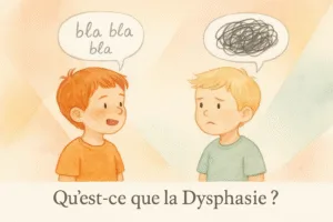 Deux enfants échangent ; la bulle “bla bla bla” de l’un contraste avec le gribouillis confus de l’autre, questionnant la dysphasie