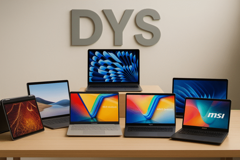 Six ordinateurs portables disposés sur un bureau en bois clair, avec l’inscription « DYS » en arrière-plan, illustrant le comparatif 2025 des meilleurs PC pour élèves DYS.