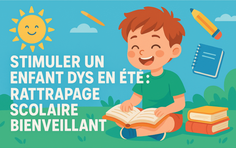 Miniature montrant un enfant DYS joyeux lisant un livre dehors, avec un soleil souriant et des éléments ludiques (crayons, carnets), pour évoquer la stimulation bienveillante en été.