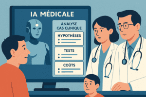 Scène médicale illustrant un patient face à une IA sur écran, avec deux médecins à ses côtés analysant les hypothèses, tests et coûts affichés.