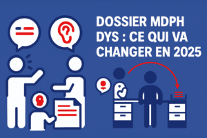 Illustration représentant les changements à venir dans les démarches MDPH pour les personnes DYS en 2025, avec des personnages stylisés échangeant des documents et symbolisant la simplification des démarches administratives.