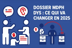 Illustration représentant les changements à venir dans les démarches MDPH pour les personnes DYS en 2025, avec des personnages stylisés échangeant des documents et symbolisant la simplification des démarches administratives.