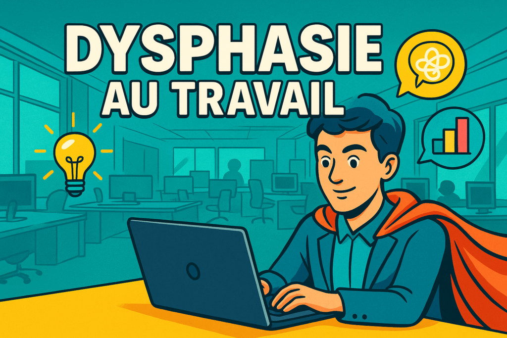 llustration style vignette YouTube : un·e professionnel·le en costume et cape de super-héros travaille sur un ordinateur dans un open-space, entouré·e d’icônes d’ampoule et de graphiques pour symboliser la pensée visuelle et la créativité associées à la dysphasie ; large marge sans texte sur les bords.