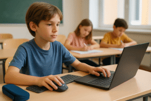 Un élève de 11 ans utilise un ordinateur avec clavier et souris sur son bureau en classe, entouré d’autres enfants qui écrivent dans des cahiers