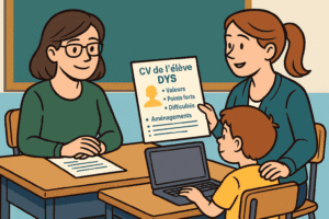 Mère présentant le CV d’un élève DYS à l’enseignante, avec l’élève utilisant un ordinateur en classe.