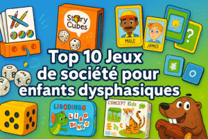 Top 10 Jeux de société pour enfants dysphasiques” avec pictogrammes des jeux (dés, Story Cubes, Guess Who ?, Lirodingo, Concept Kids, Mot Dingo, Comment j’ai adopté un gnou) sur fond dégradé bleu-vert.