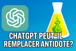 Illustration comparative entre le logo de ChatGPT et celui d’Antidote, avec la question « ChatGPT peut-il remplacer Antidote ? » en texte centré sur fond bleu.