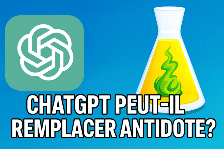 Illustration comparative entre le logo de ChatGPT et celui d’Antidote, avec la question « ChatGPT peut-il remplacer Antidote ? » en texte centré sur fond bleu.