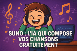 Illustration d’un enfant heureux portant un casque audio, écoutant une musique qu’il a créée avec Suno, entouré de notes musicales colorées et d’un ordinateur affichant des ondes sonores.