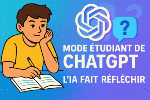 Illustration colorée style vignette YouTube montrant un étudiant souriant en train d’écrire dans un cahier, avec le logo de ChatGPT et le texte « Mode étudiant de ChatGPT : l’IA fait réfléchir ».
