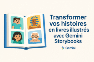 Illustration paysage d’un livre ouvert montrant quatre vignettes colorées et une grande phrase centrale : « Transformer vos histoires en livres illustrés avec Gemini Storybooks ». Design simple, typographie large et espacée, couleurs contrastées (#1284CA, #1B8D78, #FFCD57) pour une bonne lisibilité adaptée aux profils DYS.