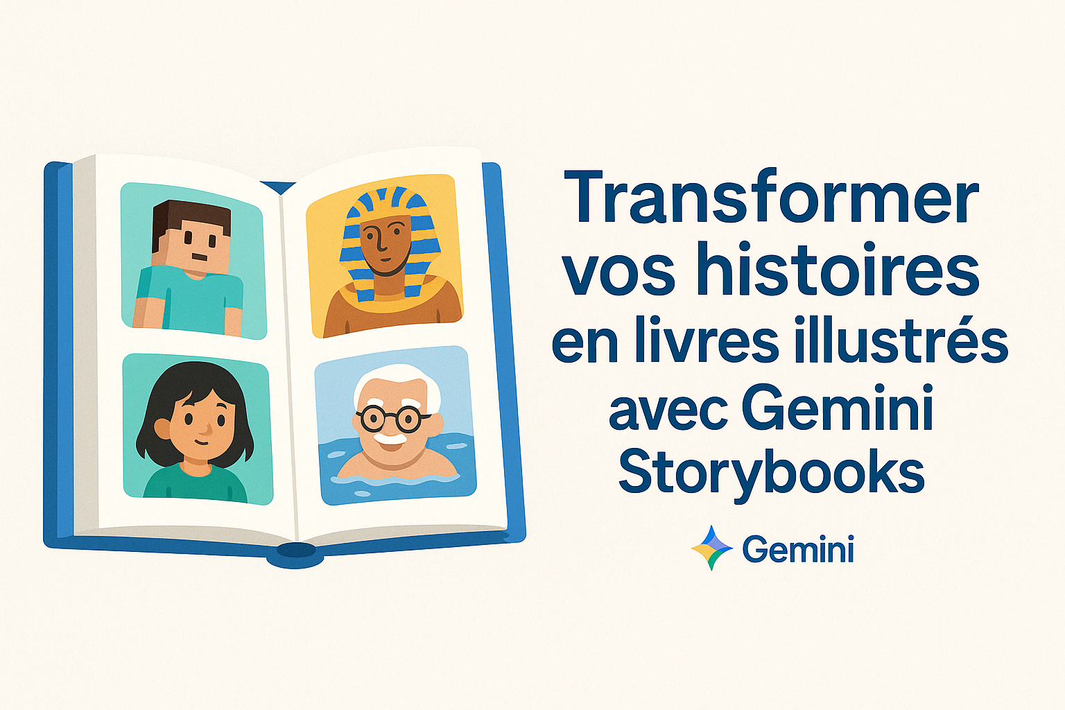 transformer-vos-histoires-en-livres-illustres-avec-gemini-storybooks Illustration paysage d’un livre ouvert montrant quatre vignettes colorées et une grande phrase centrale : « Transformer vos histoires en livres illustrés avec Gemini Storybooks ». Design simple, typographie large et espacée, couleurs contrastées (#1284CA, #1B8D78, #FFCD57) pour une bonne lisibilité adaptée aux profils DYS.