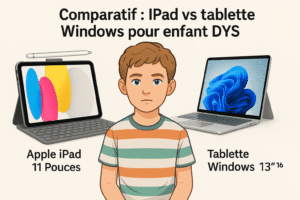 Illustration comparative entre un iPad et une tablette Windows pour enfant DYS, avec un garçon de 12 ans au centre, visuellement neutre, encadré par les deux appareils numériques.