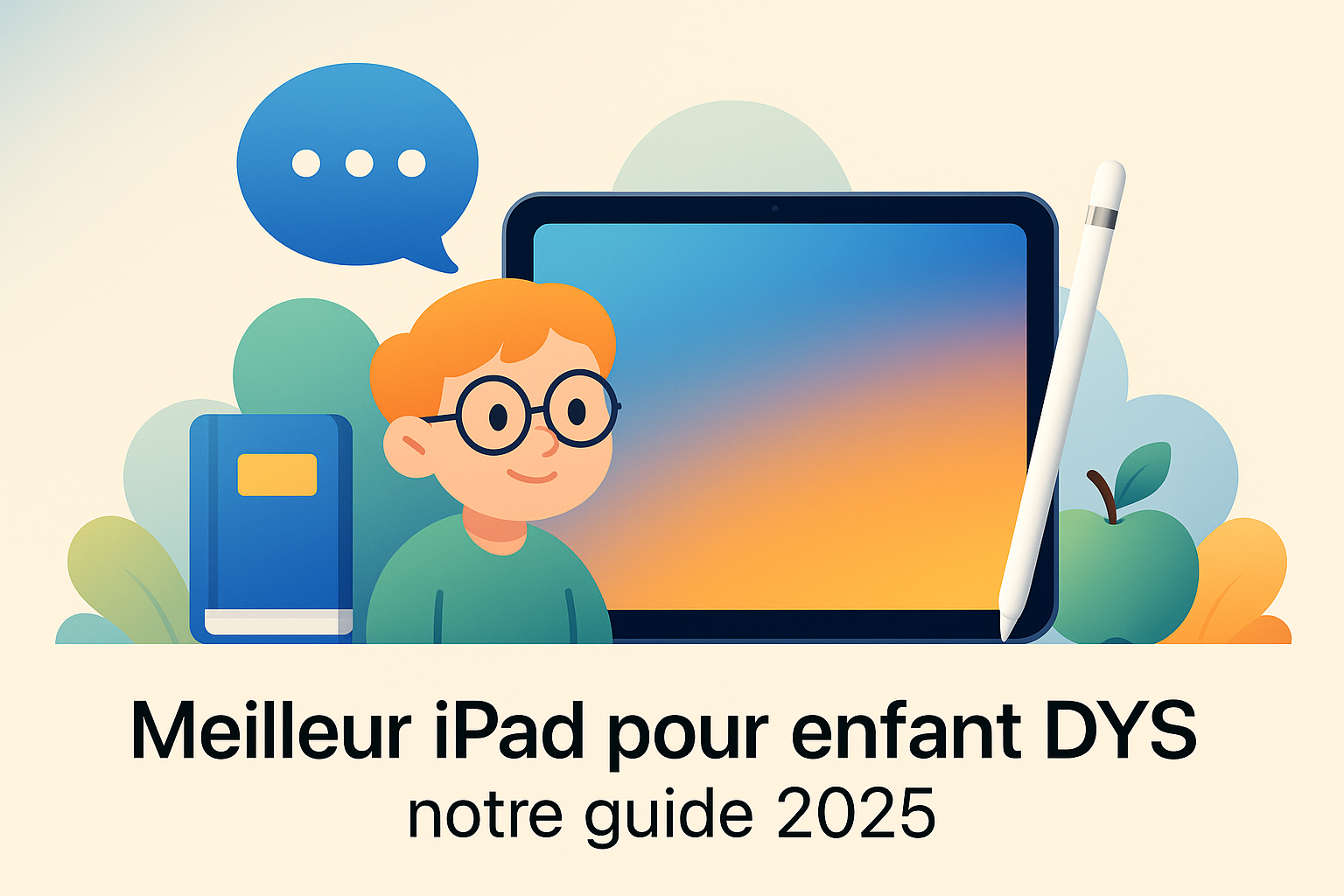 illustration d’un enfant DYS souriant devant un iPad avec stylet, accompagné d’un livre et d’une pomme, sur fond clair style Apple.