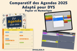 Photo d’un agenda scolaire adapté aux DYS, ouvert sur une table, montrant de larges cases colorées et une police facile à lire.