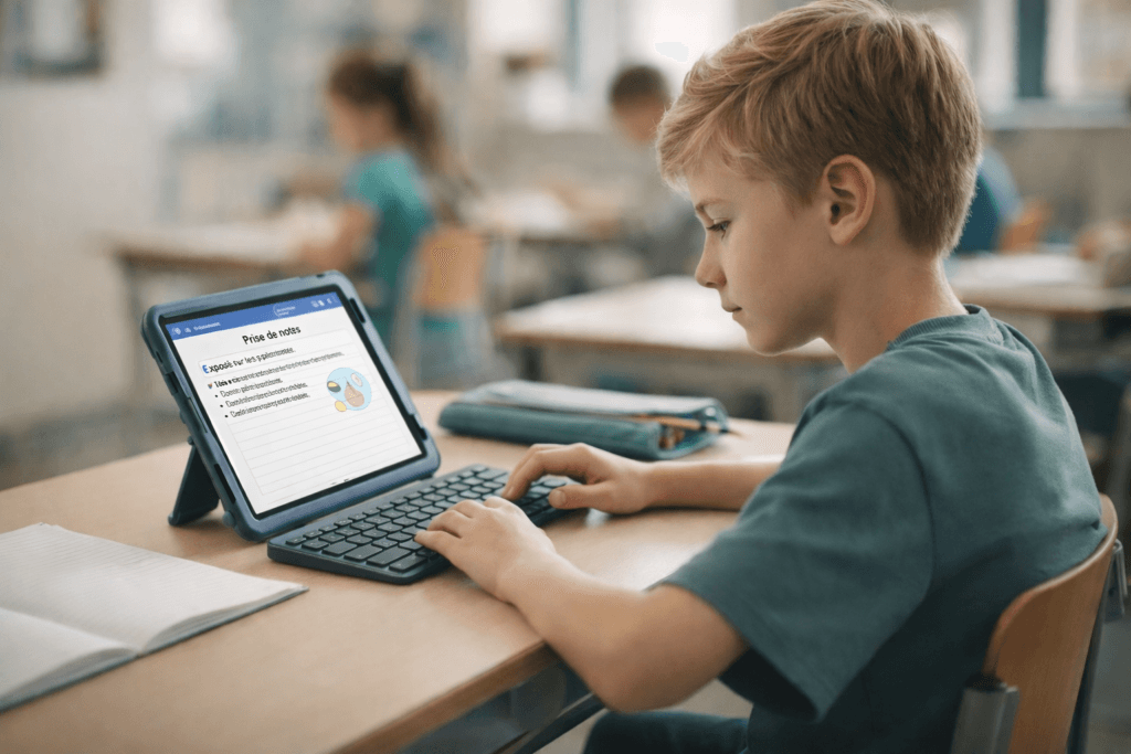 Enfant en classe utilisant un iPad 11 avec clavier et coque pour travailler sur un document scolaire