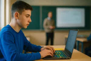 Élève de profil tapant sur un ordinateur portable orné de stickers style Keydys, professeur flou et diaporama en arrière-plan, lumière naturelle douce, palette bleu #1284CA, vert #1B8D78 et jaune #FFCD57.