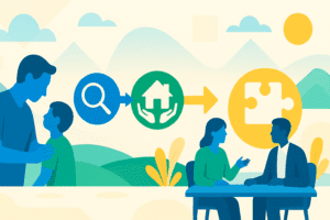 Illustration vectorielle paysage 16:9 montrant une frise horizontale avec trois icônes (loupe → maison tenue par des mains → pièce de puzzle), parents à gauche avec un enfant et professionnels à droite autour d’une table. Palette lumineuse et accessible intégrant