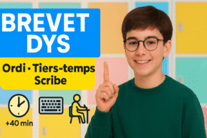 Vignette d article : collégien en salle d examen utilisant un ordinateur, titre BREVE T DYS en haut à gauche, encadré jaune indiquant Ordi • Tiers-temps • Scribe, icônes d aménagement en bas.