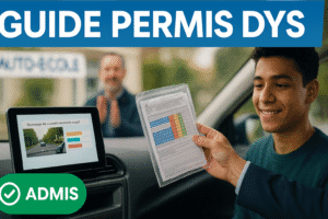 Adolescent tenant une tablette d’examen, voiture et moniteur en arrière-plan, inspecteur faisant un pouce levé — vignette informative sur le permis et les aménagements DYS.