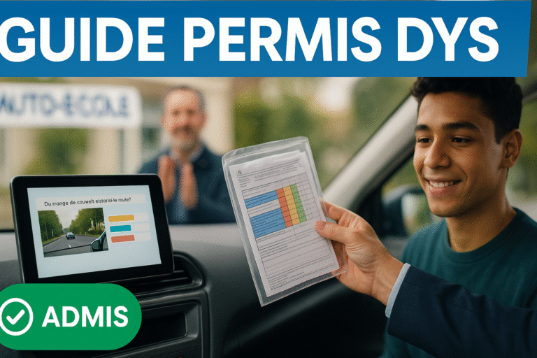 Adolescent tenant une tablette d’examen, voiture et moniteur en arrière-plan, inspecteur faisant un pouce levé — vignette informative sur le permis et les aménagements DYS.