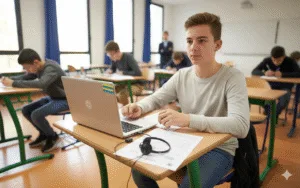 Photo réaliste d’un adolescent de 15 ans qui passe le Brevet sur ordinateur en classe pendant que d’autres élèves écrivent à la main.