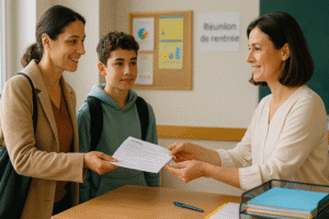 Illustration BD paysage : une professeure reçoit le CV de l’élève DYS remis par sa mère lors de la réunion de rentrée au collège, fiche une page avec forces, besoins et aménagements.