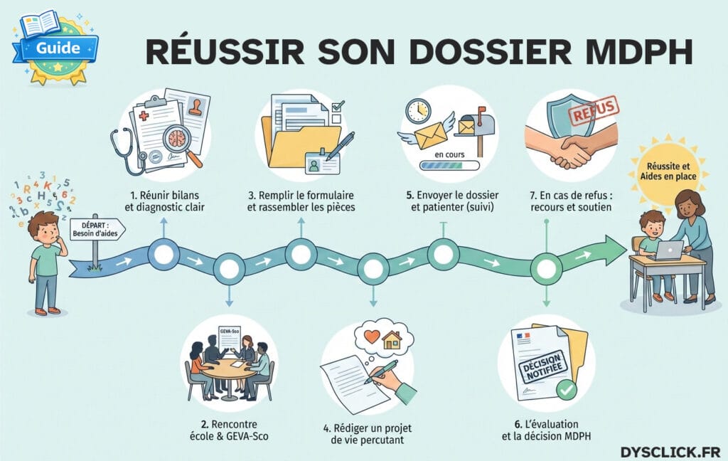 Frise des 7 étapes pour réussir un dossier MDPH pour un enfant avec troubles DYS, de la collecte des bilans au recours en cas de refus.